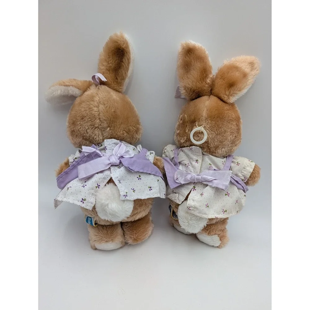 Dakin Plush Bunny Rabbit Tan Vintage 1983 Floral Dress Purple Lot of 2